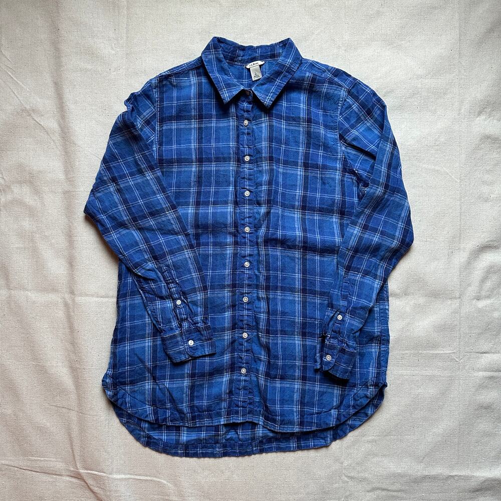 LL Bean Blue Linen Plaid Button Down Tunic Womens Large Excellent Condition